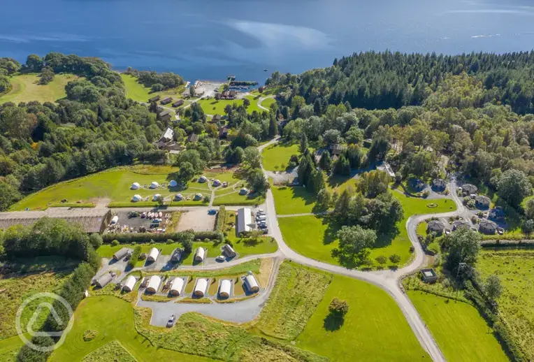 Aerial of Loch Tay Highland Lodges with views towards Loch Tay