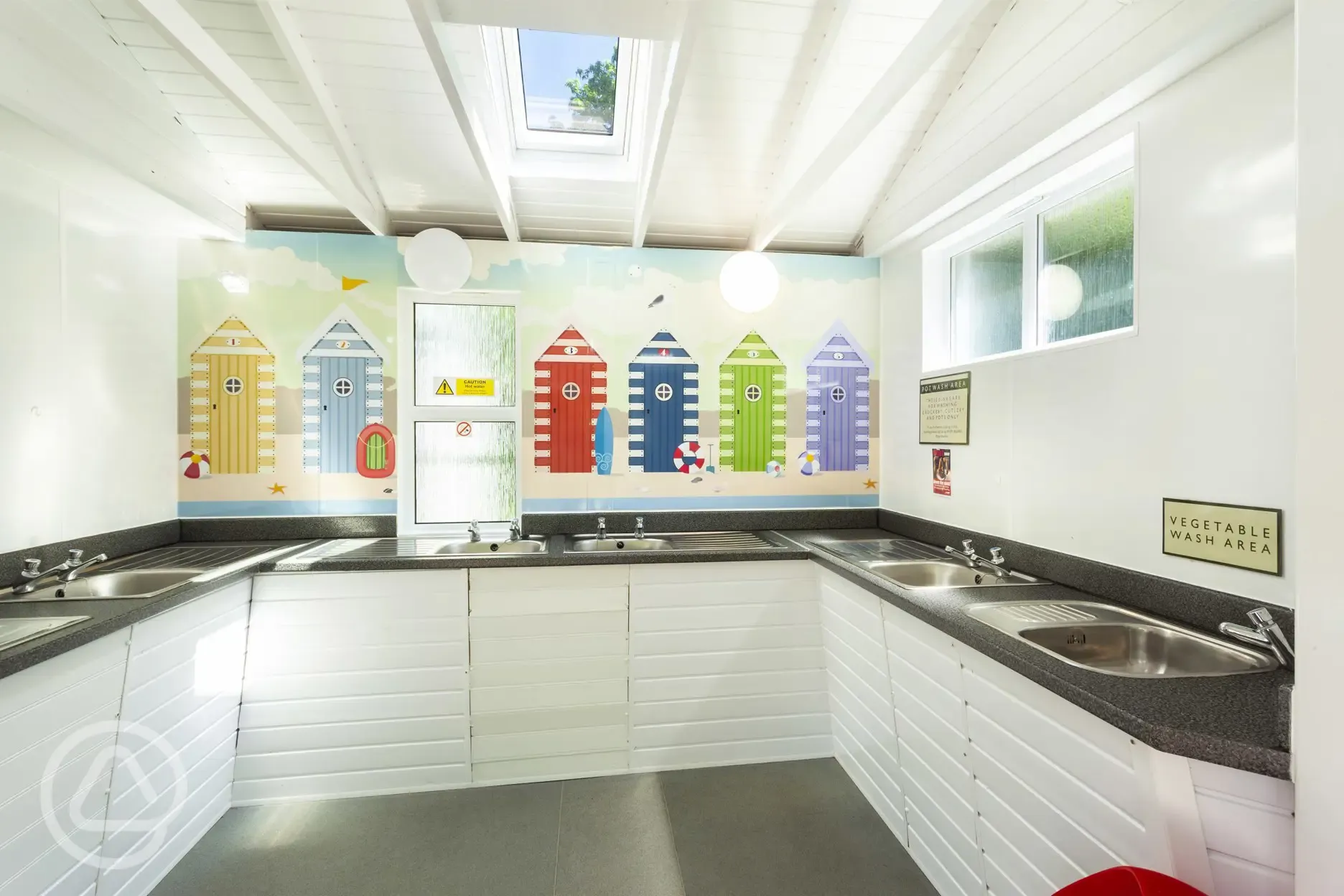 Indoor washing up area with sinks and hot water