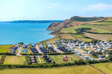 Aerial of Highlands End Holiday Park with views of the Jurassic Coast