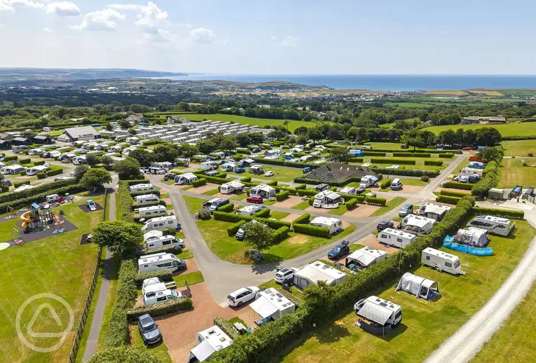 Aerial of Wooda Farm Holiday Park with views to Bude Bay