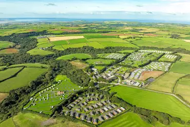 Aerial view of Stowford Farm Meadows, surrounded by countryside