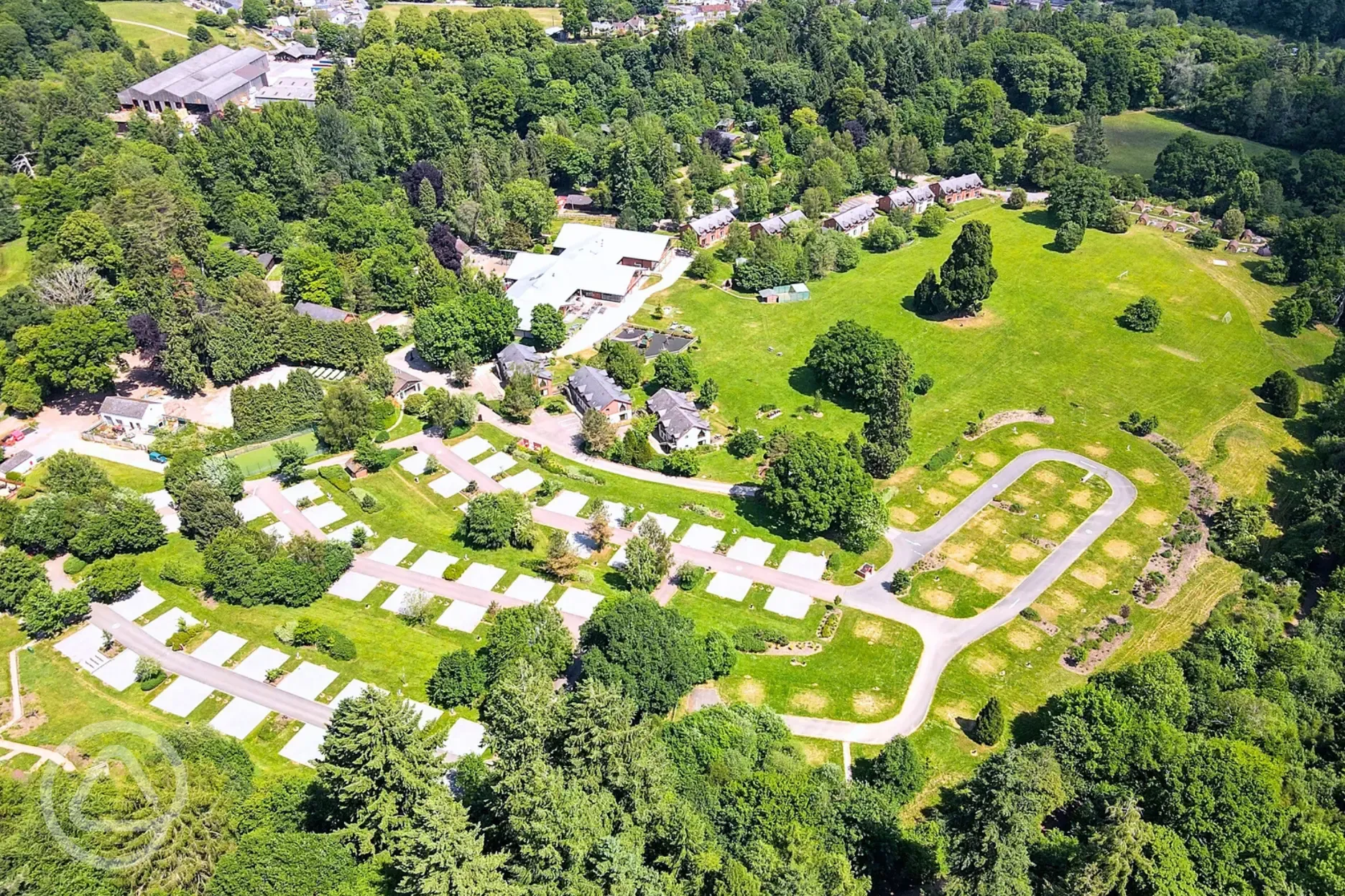 Aerial view of Whitemead Forest Park with the surrounding Forest of Dean