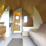 Mega glamping pod with a double bed, sofa bed, kitchenette and ensuite