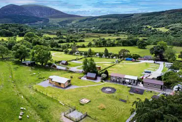Aerial of Tyn-yr-Onnen Farm with neighbouring fields of animals