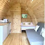 Large camping pod double bed and sofa bed