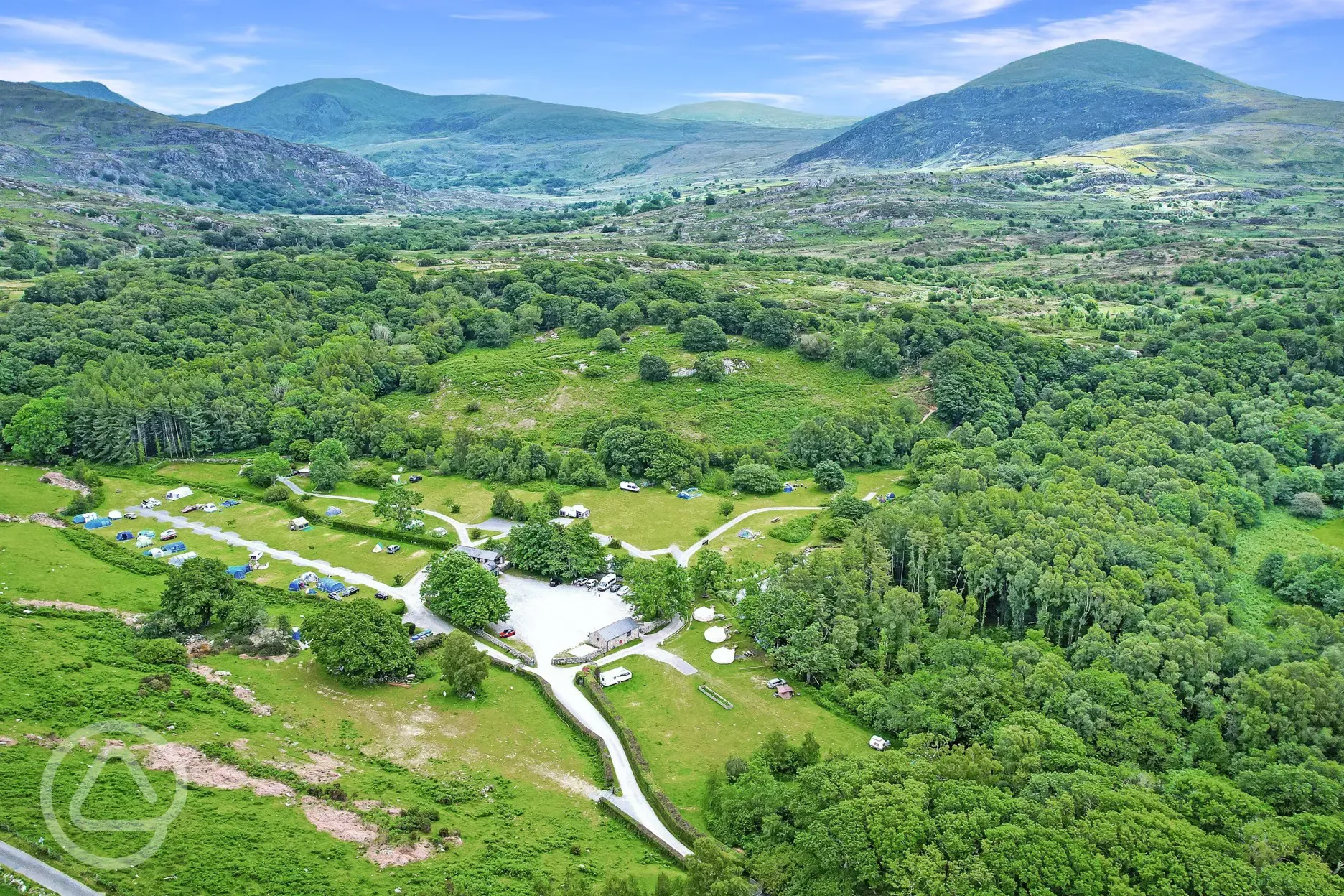 Aerial of Nantcol Waterfalls set in Snowdonia National Park