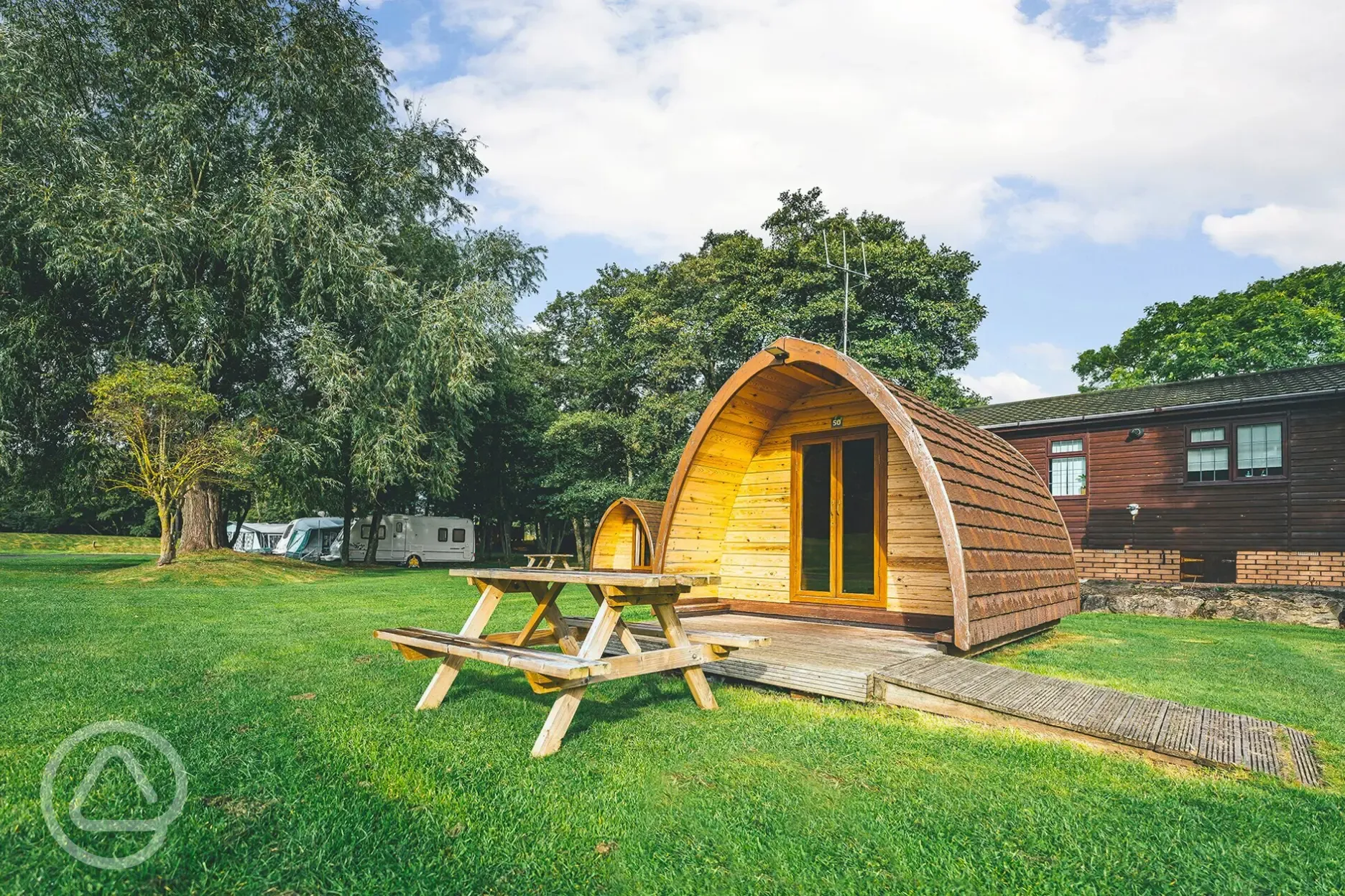 Camping pod with a decked outdoor area