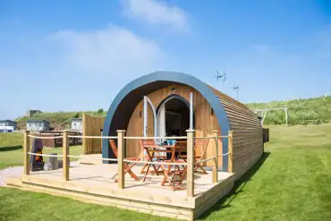 Superior glamping pod with hot tub, decking and outdoor seating