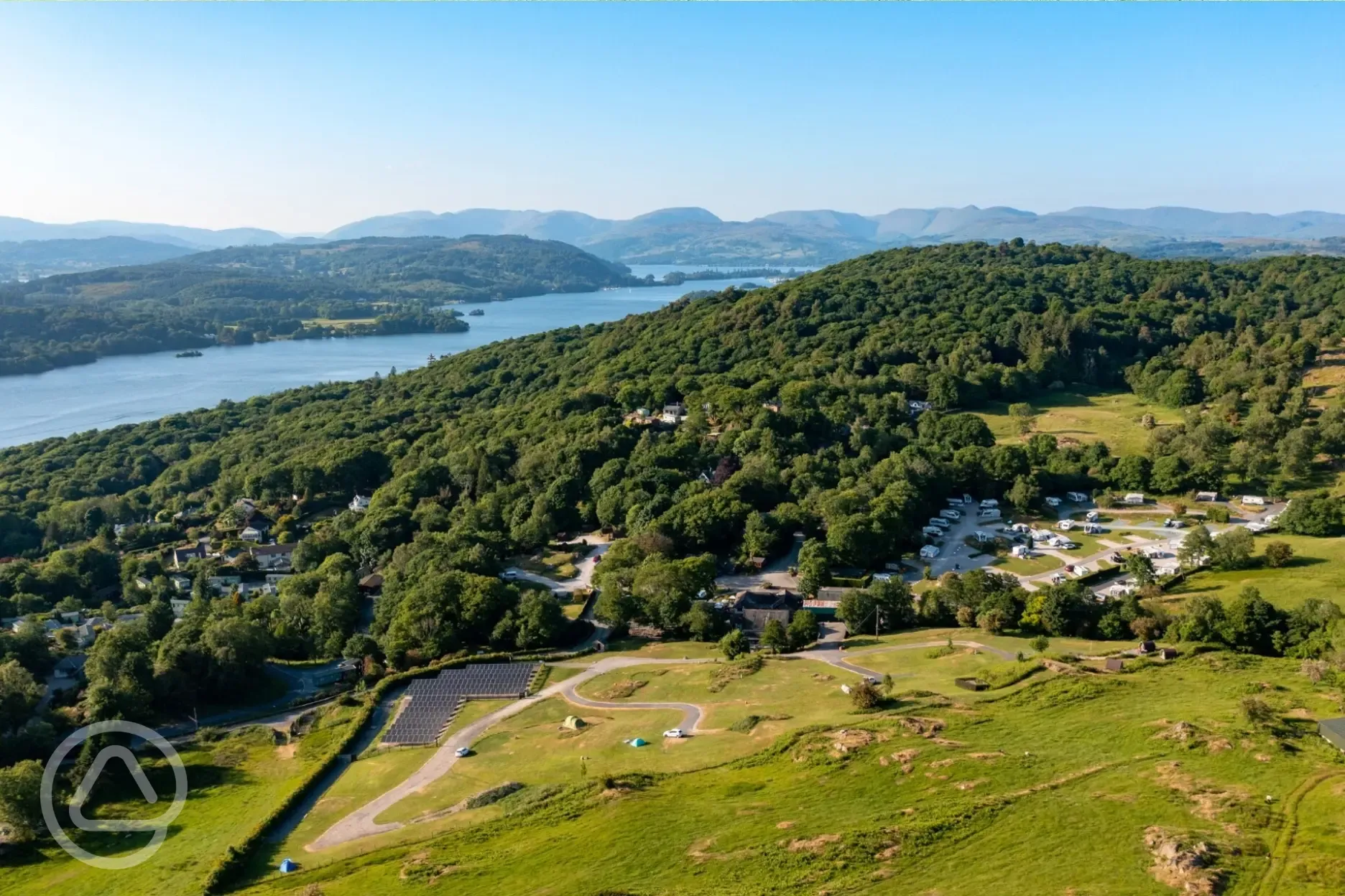 Aerial view of Park Cliffe's Fellside pitches with views to Lake Windermere