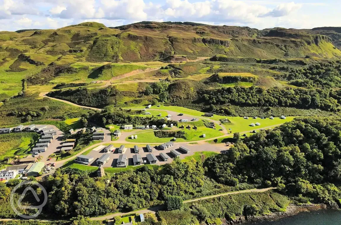 View of the static caravans and grass pitches at Oban Holiday Park 