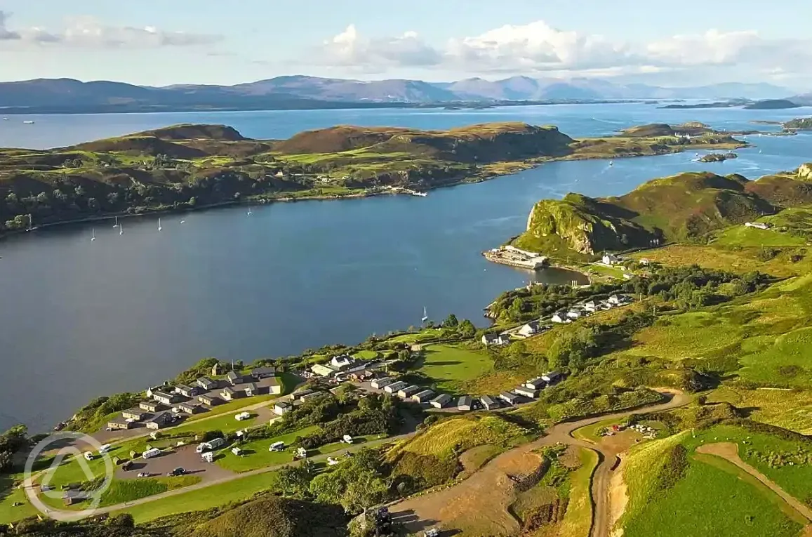 Aerial of the campsite with views across to the Isle of Kerrera