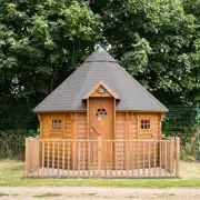 Camping cabin exterior with private decking Camping cabin exterior with private decking