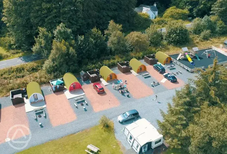 Aerial of Barrhill Holiday Park pods and play park