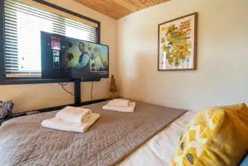 Robin's Nest glamping cabin bed and smart TV