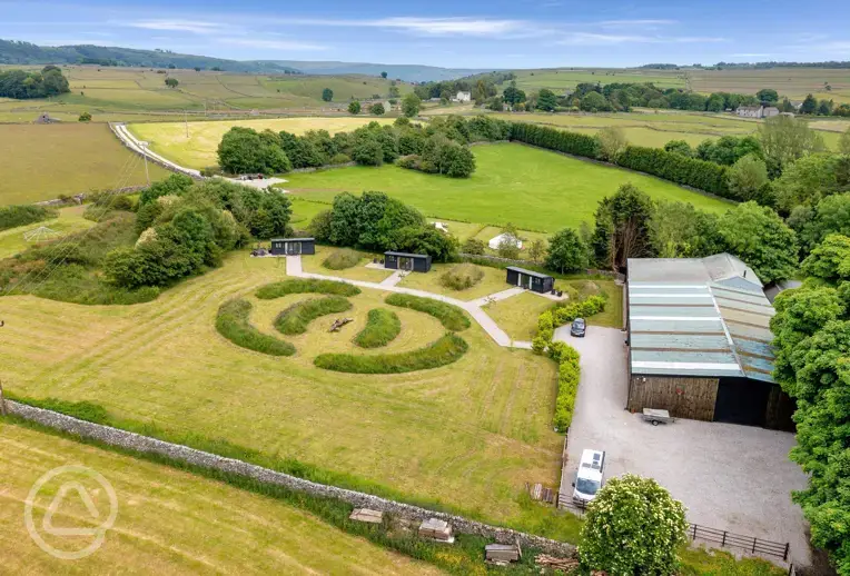Aerial view of the ensuite glamping cabins at Brosterfield Farm (dog friendly)