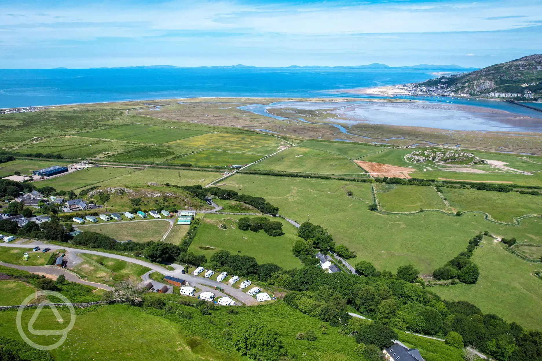 Aerial view of the campsite with views of the Mawddach Estuary