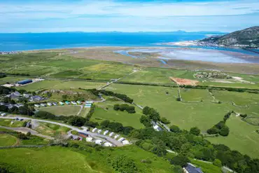 Aerial view of the campsite with views of the Mawddach Estuary