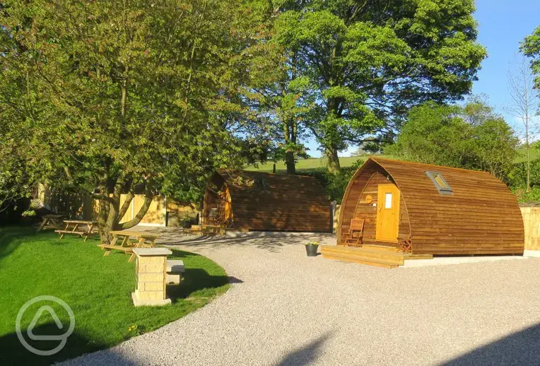 Camping pods with surrounding trees and picnic benches