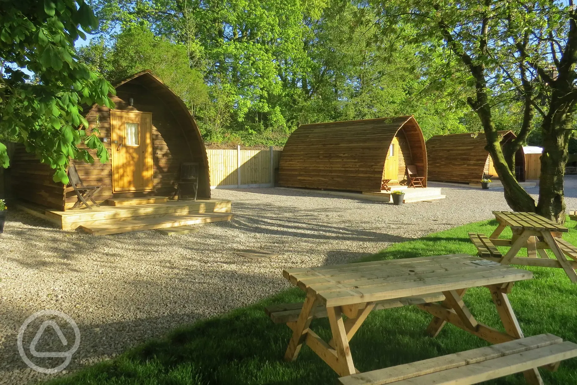 Camping pods with surrounding trees and picnic benches