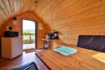 Log pod with a mini fridge, kettle, and electric
