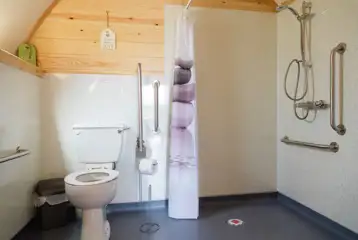 Accessible bathroom with grab rails and spacious shower