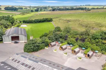 Aerial of the glamping pods (adult only) at Knotlow Farm