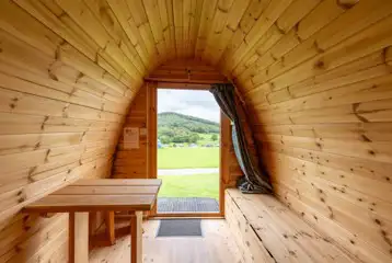 Countryside views from inside the camping pod