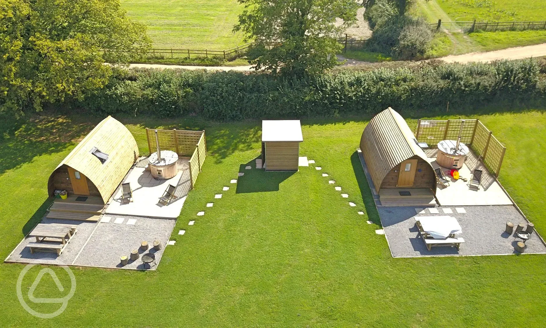 Aerial of the Hillview Wigwams with hot tubs