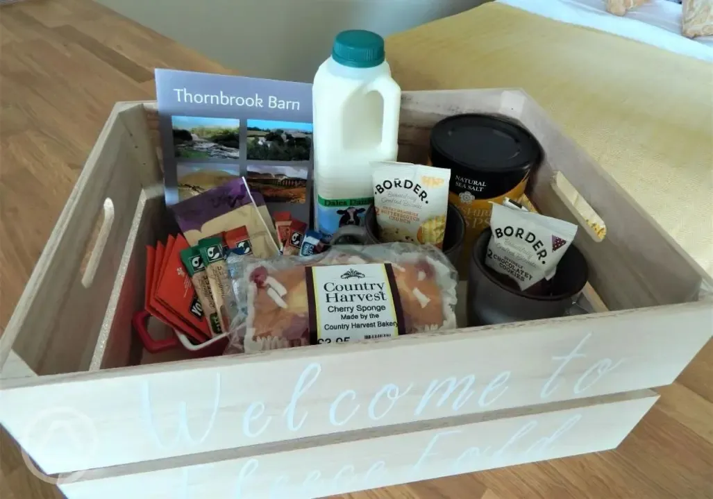 Ensuite glamping lodge welcome pack at Thornbrook Barn