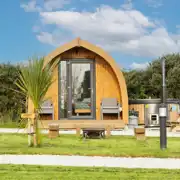 Maple pod exterior with wood fired hot tub