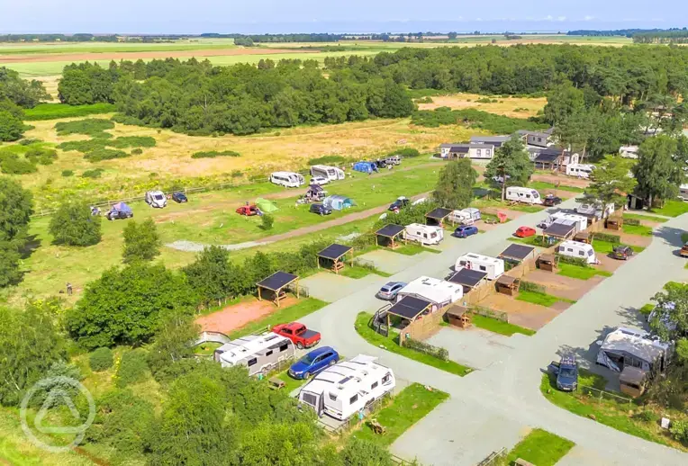 Aerial of Pinecones Caravan and Camping and surrounding countryside