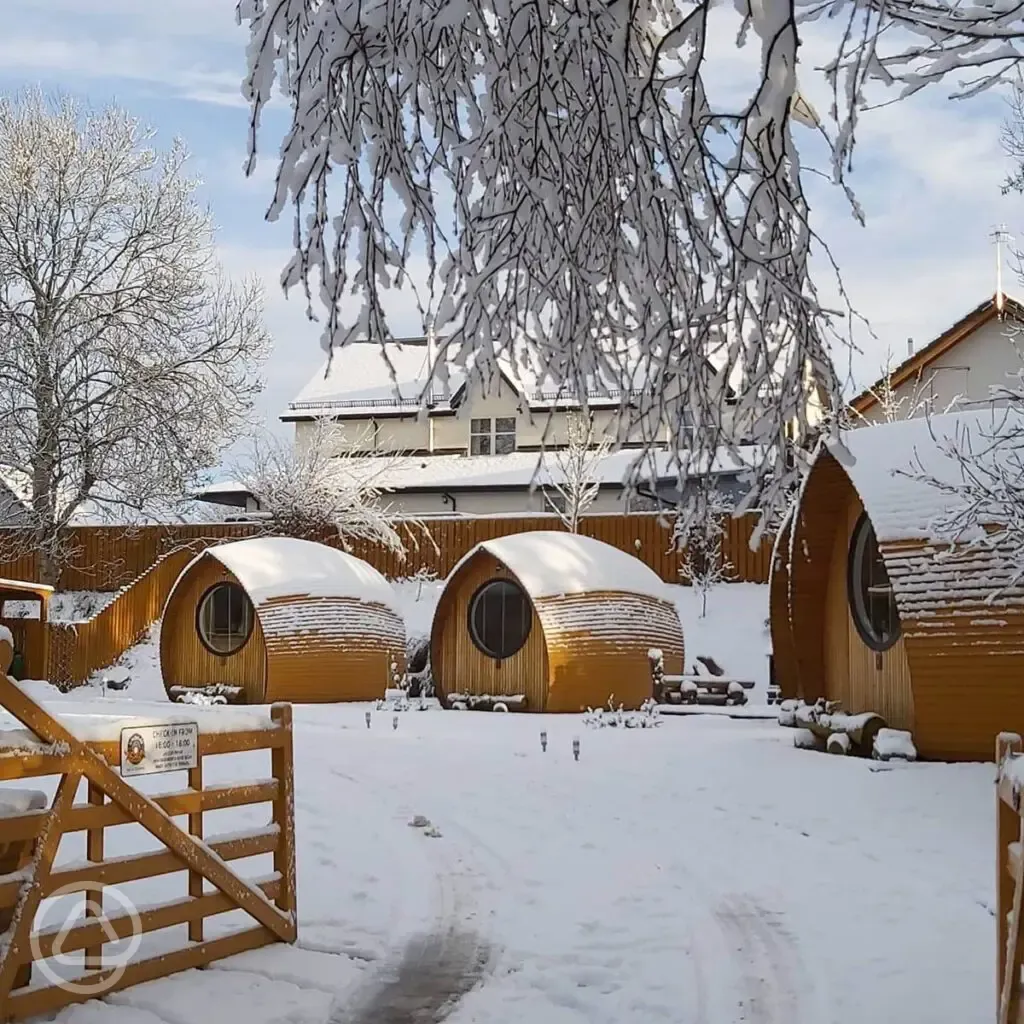 Glamping pods in the snow