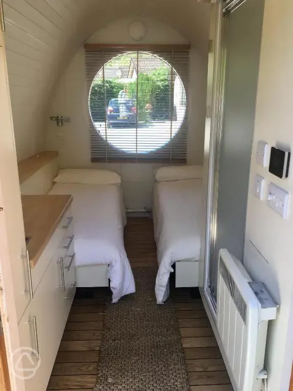 Glamping pod single bed interior