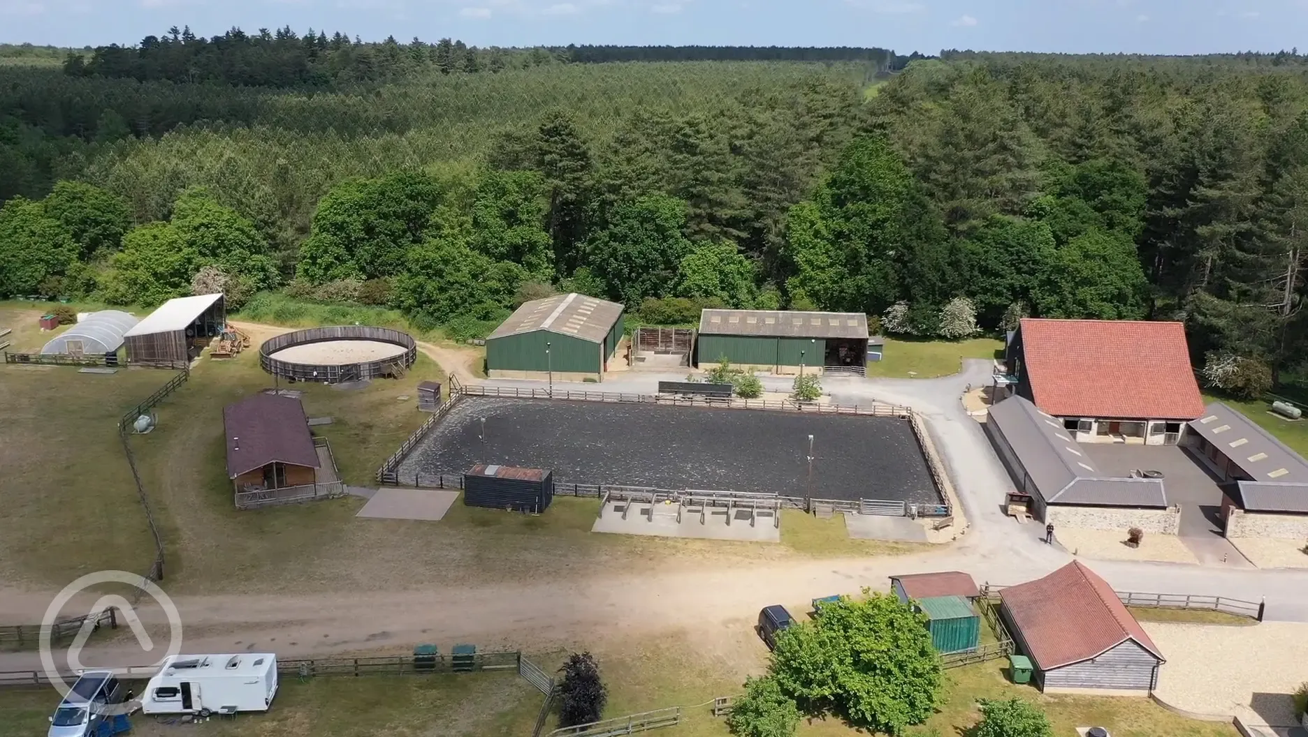 Aerial view of the stables and paddock