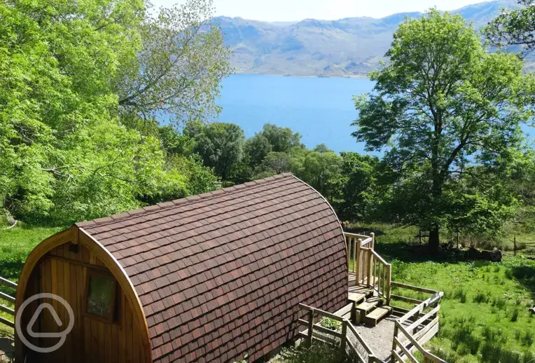Wee Lodge glamping pod and views of Loch Morar