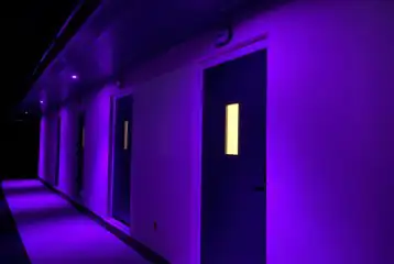 Facilities block lit up at night Facilities block lit up at night