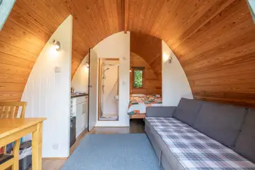 Badger ensuite glamping pod with double bed and sofa bed 