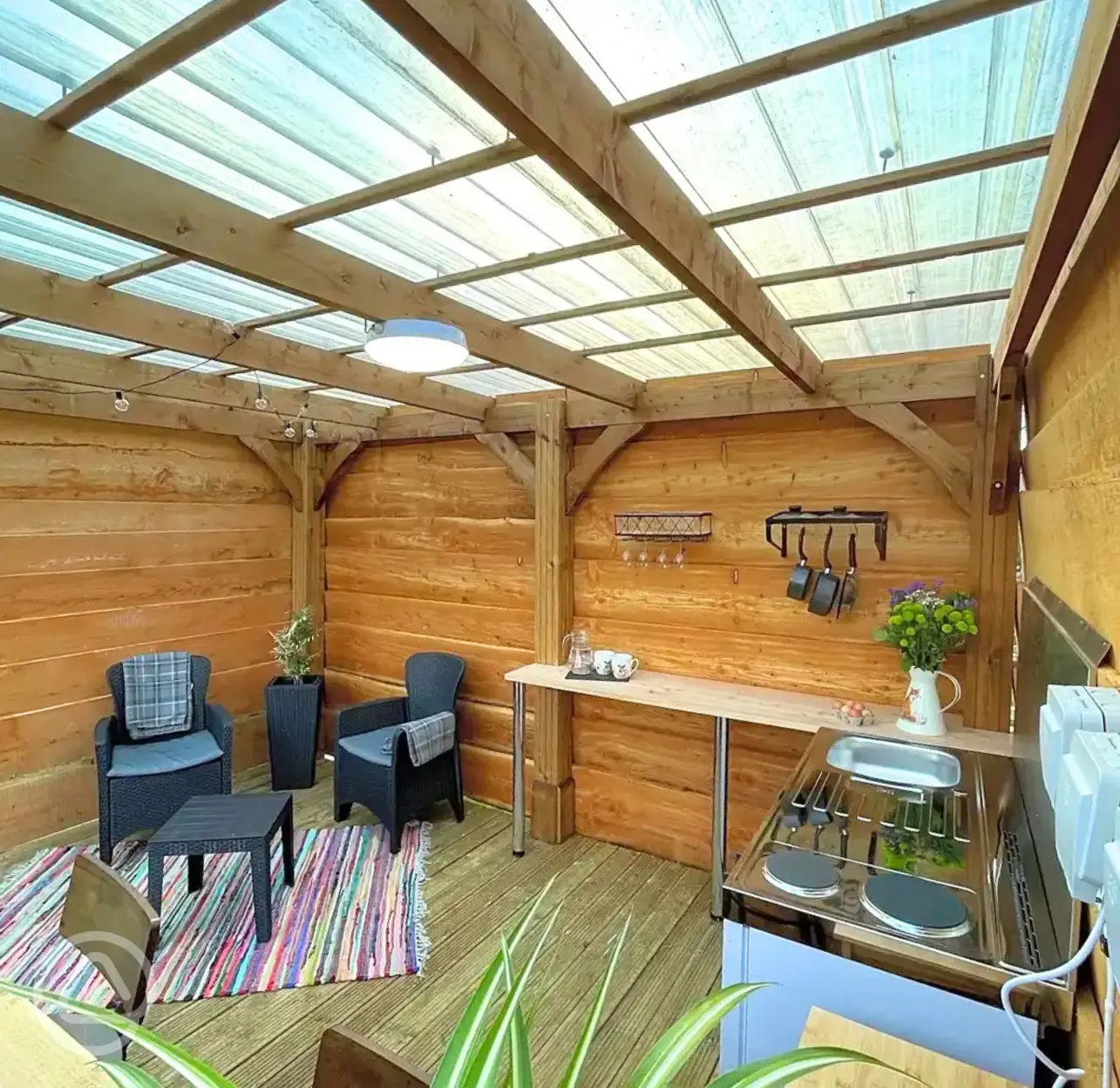 Mini lodge pod outdoor kitchen cabin with stove, kettle, fridge and freezer