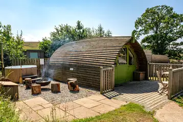 Humbleton accessible glamping pod with wheelchair access, a fire pit and hot tub