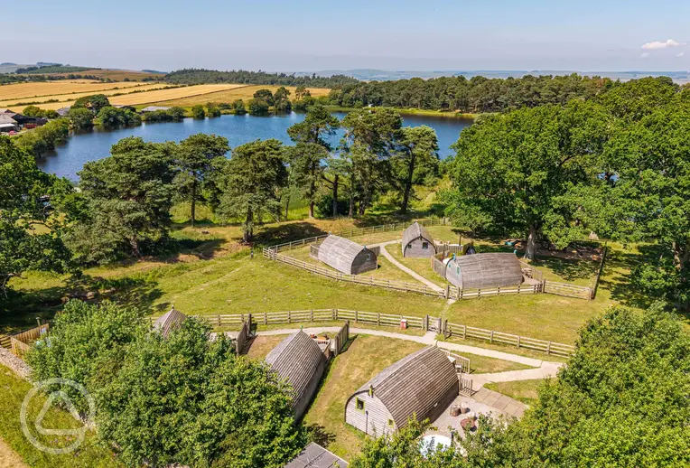 Aerial of Langley Dam Glamping with waterside views