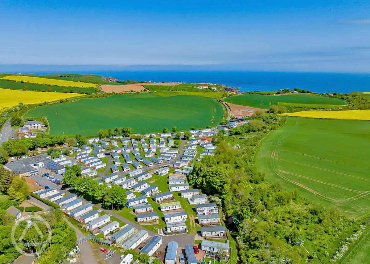 Aerial of Scoutscroft Leisure Park towards the coast and St Abbs