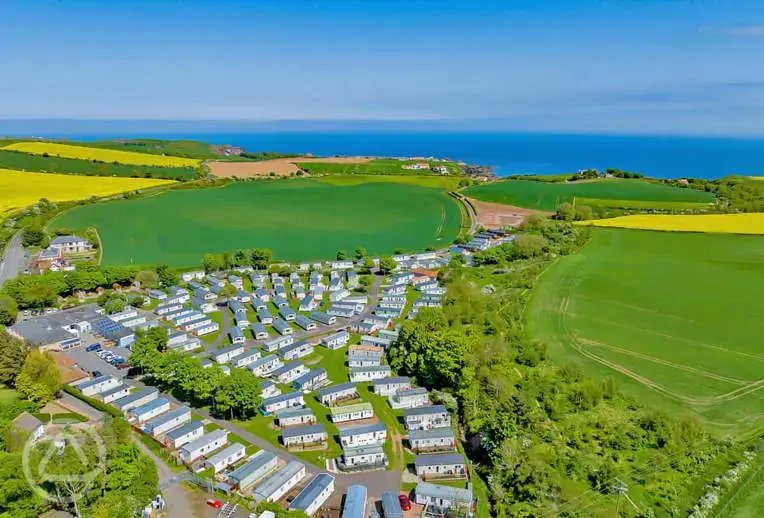 Aerial of Scoutscroft Leisure Park towards the coast and St Abbs