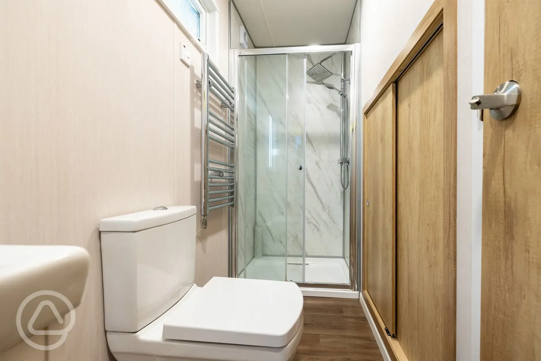Studio pod cabin ensuite with rainfall shower and heated towel rail