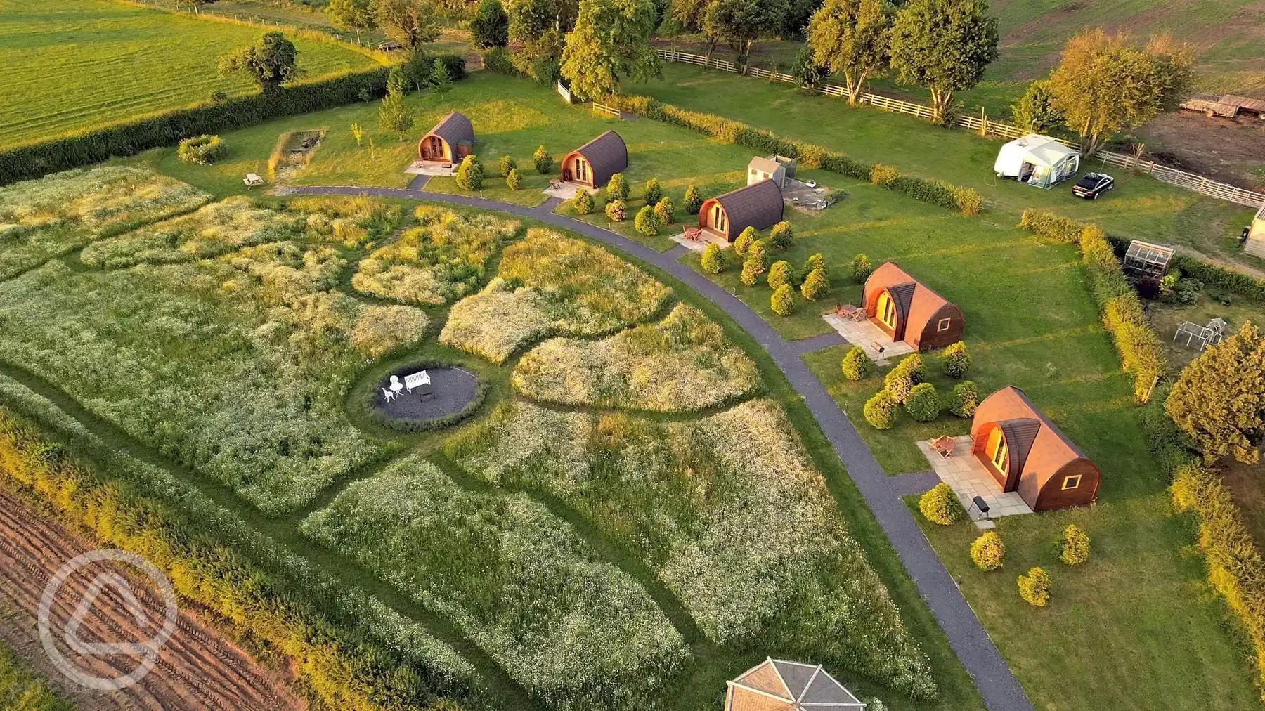 Aerial of the glamping pods