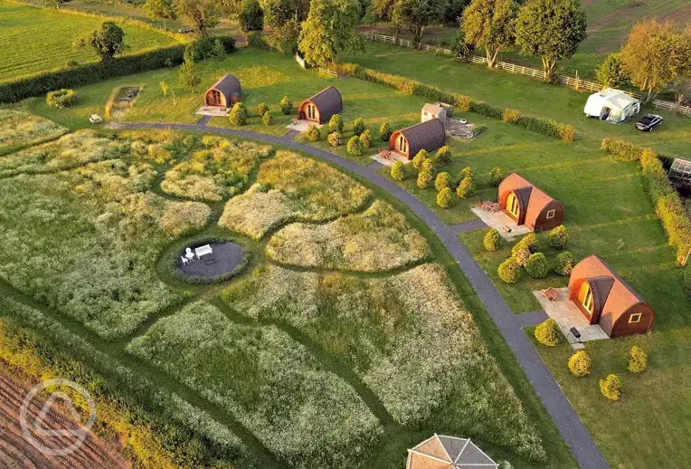 Aerial of the glamping pods