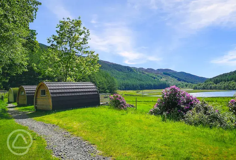 Glamping pods with Loch Craskie views