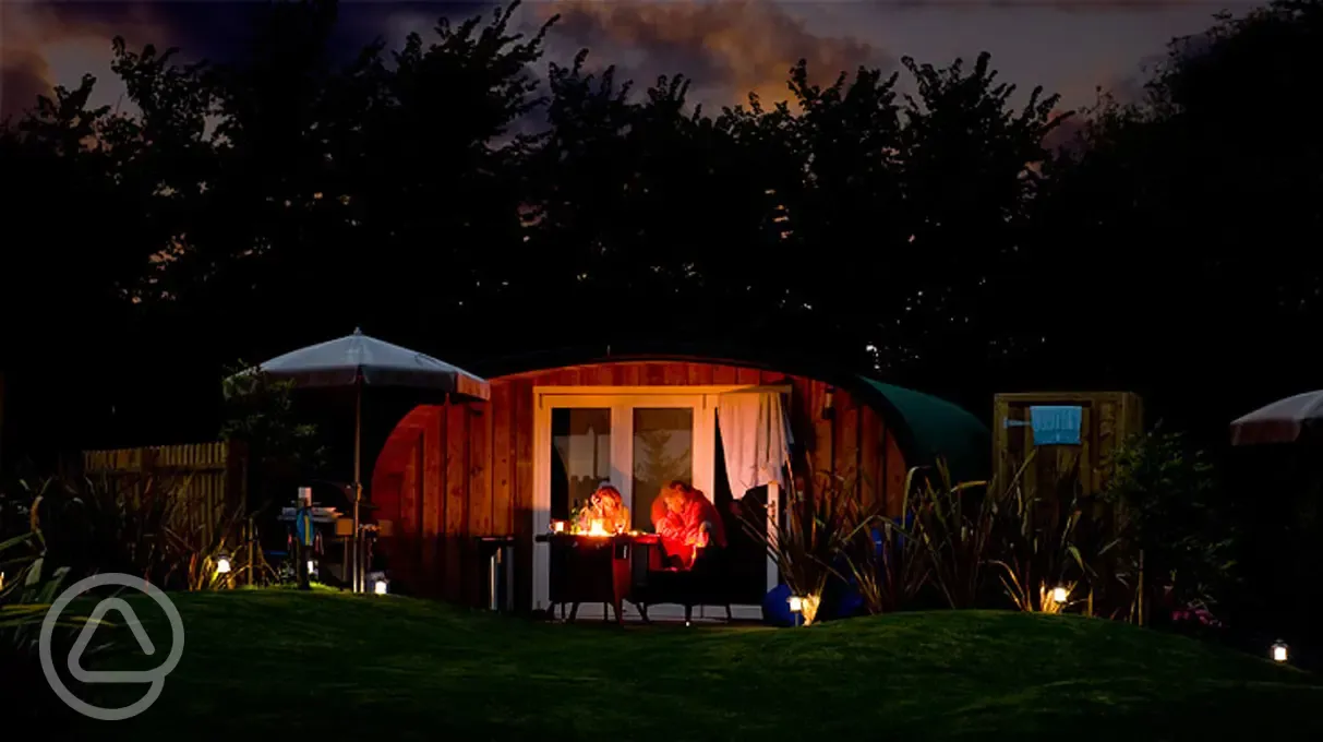 Glamping pod at night