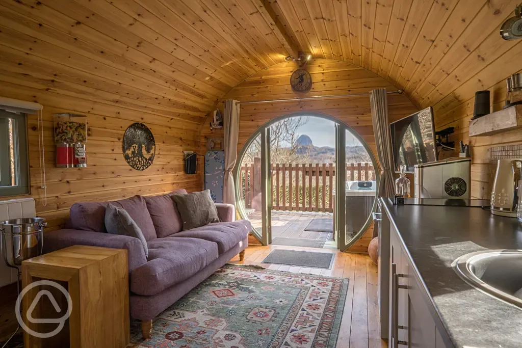 Suilven View ensuite glamping pod equipped kitchen and living room area