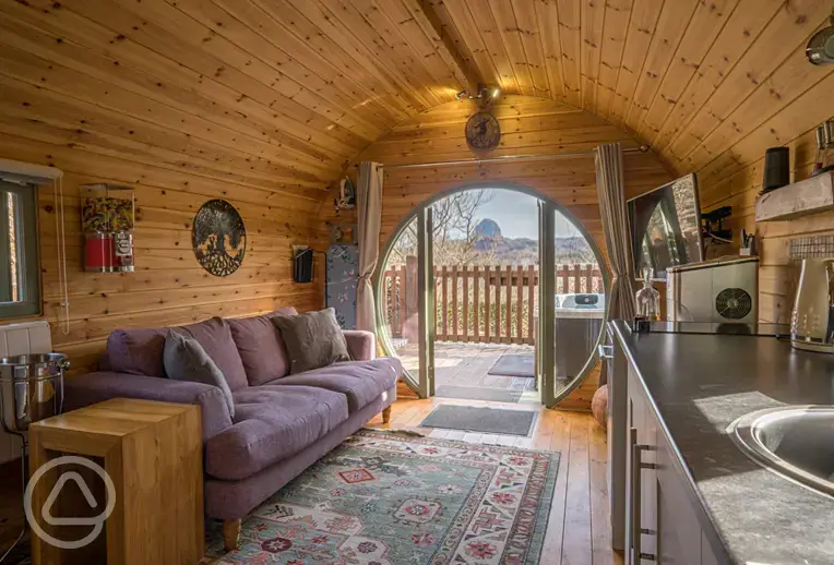 Suilven View ensuite glamping pod equipped kitchen and living room area