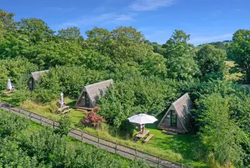 Converted chicken shed pods set amongst cob trees with outdoor seating